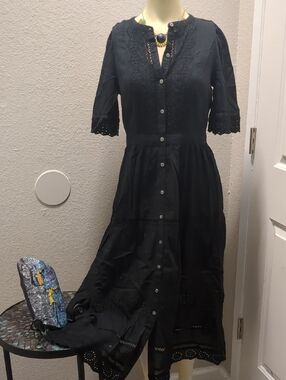 Black Button-Front Eyelet Midi Dress with Lace Trim